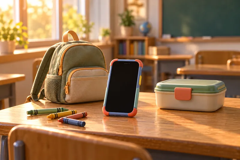 An illustrated child’s smartphone in a colourful case on a school desk beside a small backpack, crayons and a lunchbox