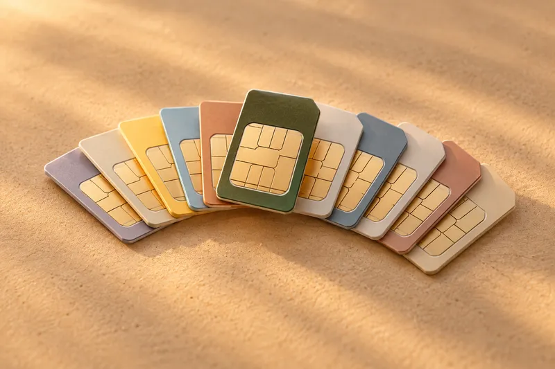 Illustrated SIM cards in soft colours fanned out, one green card raised above the others