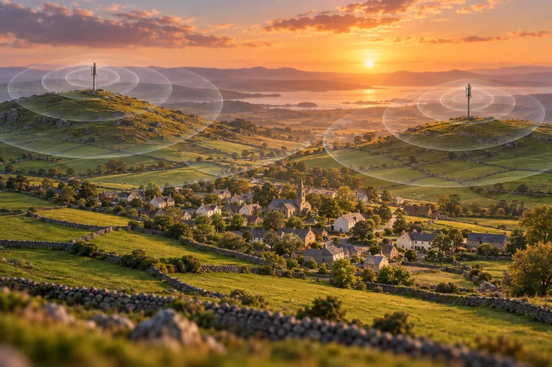 Illustrated green Irish hills with two mobile masts and soft rings of signal over a village
