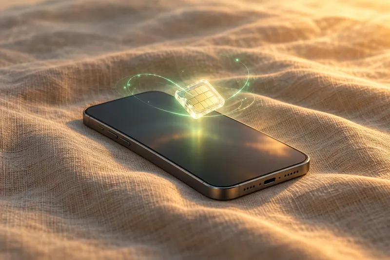 An illustrated smartphone with a small glowing chip of light hovering above its screen
