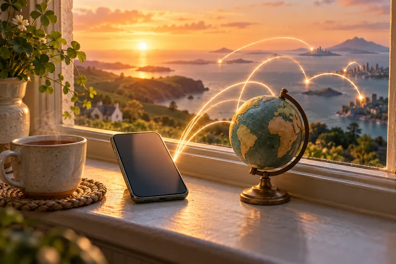 An illustrated smartphone and a small desk globe on a sunlit windowsill, with arcs of light reaching out over the sea to faraway cities