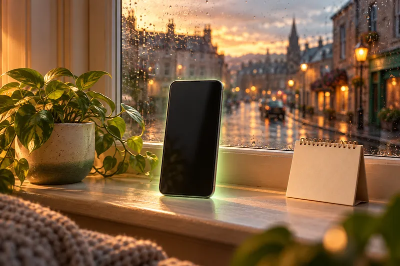 An illustrated smartphone glowing softly on a windowsill beside a plant and a blank calendar card, a rainy street outside