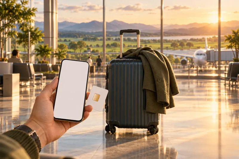 An illustrated airport arrivals hall: a suitcase with a coat over it and a hand holding a smartphone and a small blank SIM pack