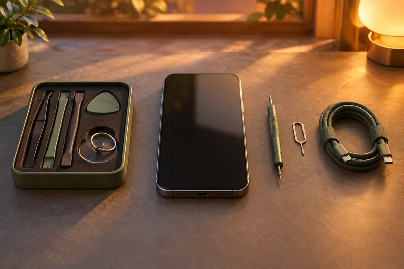 An illustrated smartphone on a tidy workbench with a small toolkit and a SIM ejector pin