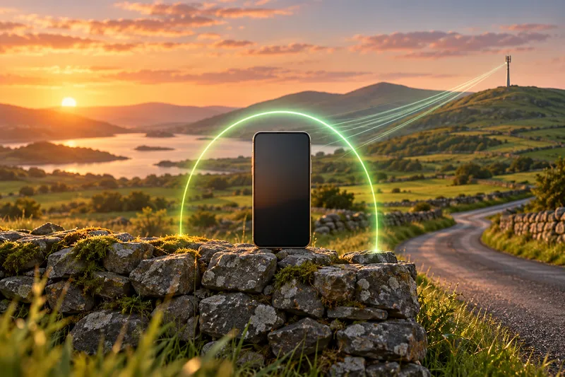 An illustrated smartphone standing on a dry-stone wall by an Irish country road at sunset, under a glowing green arc, with light streaking to a mobile mast on a hill