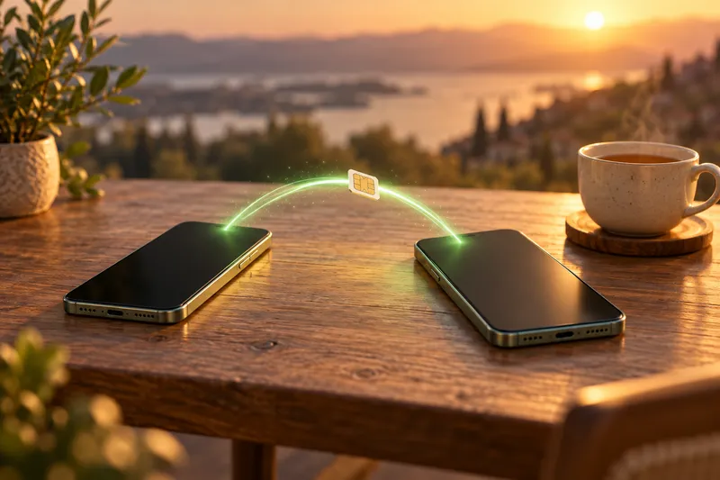 Two illustrated smartphones on a table with a green arc of light carrying a SIM card from one to the other