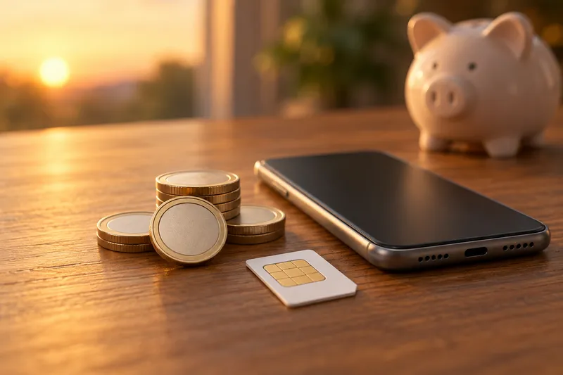 Illustrated plain coins stacked beside a SIM card and a smartphone on a wooden table